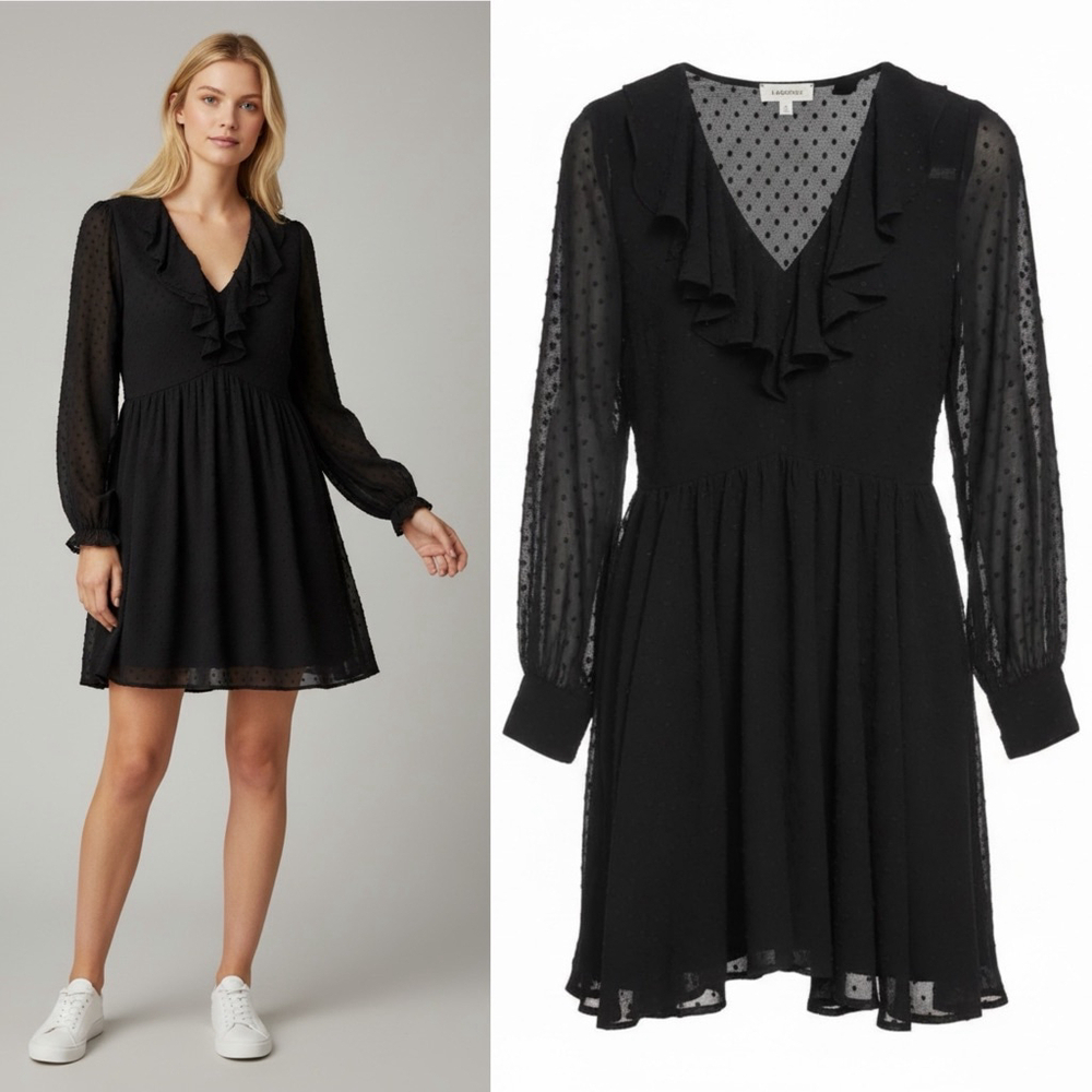 L’AGENCE Black Swiss Dot Ruffle Mini Dress Size 4